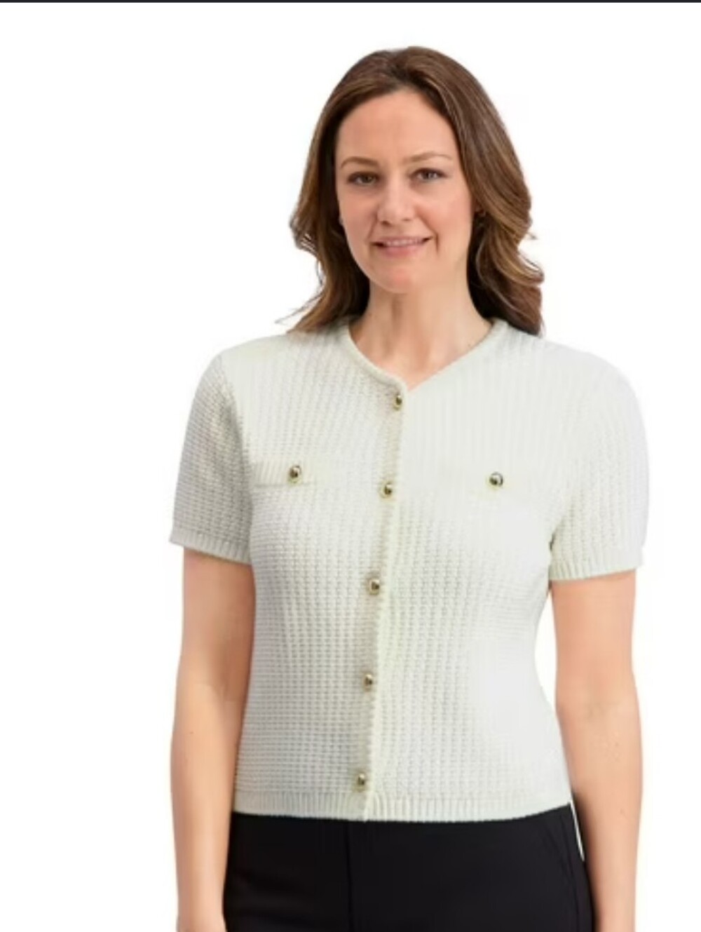 French Connection Cream Short-Sleeve Knit Cardigan with Gold Buttons Size Medium